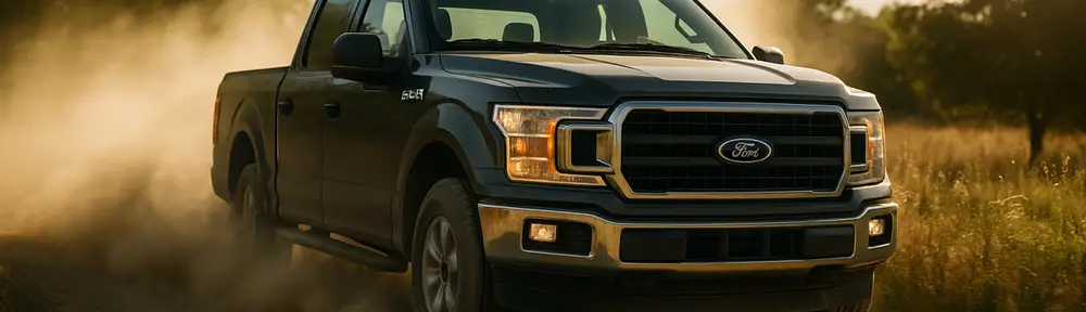 A pickup kicking up dust on a gravel road