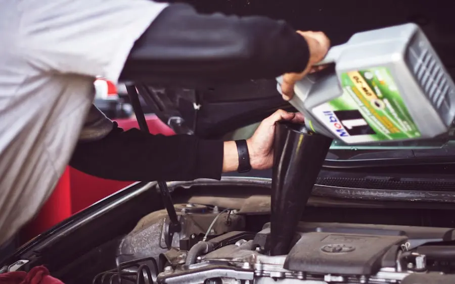 A car on a lift during an emissions inspection