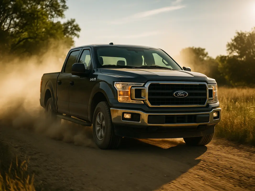 A pickup kicking up dust on a gravel road